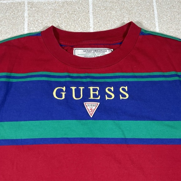 VTG Guess T Shirt Mens Large 90s Vertical Striped Red Blue Short Sleeve USA - Picture 2 of 6
